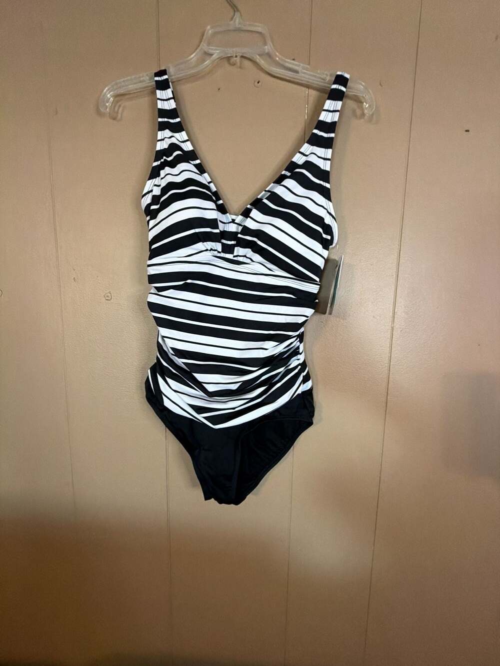 Swim Solutions Black and White Striped Ruched One-Piece Swimsuit Size 10